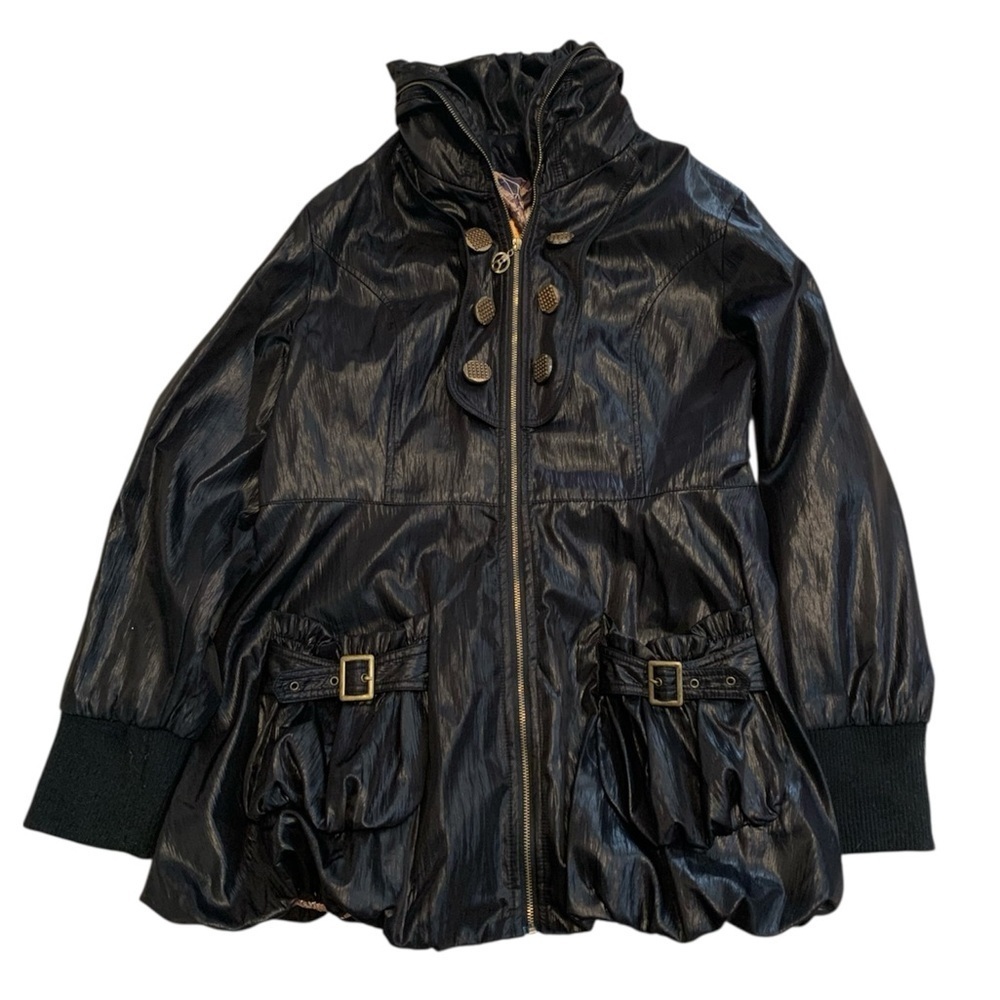Black Shiny Utility Jacket with Camo Lining & Gold Hardware – Size 15 (Large)